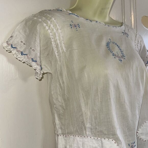 Antique/vintage homemade thin white‎ cotton lawn embroidered short sleeve blouse - Picture 5 of 12